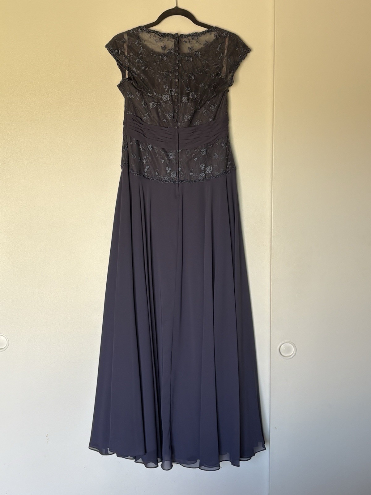 JJ’s House Blue Lace Bodice Long Formal Gown Cap Sleeve Ruched Waist Sheer Skirt