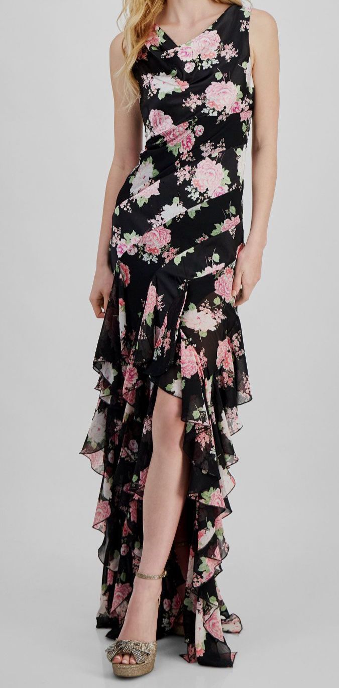 City Studios Women’s Black Ruffled Floral Maxi Dress Juniors’ Size XL