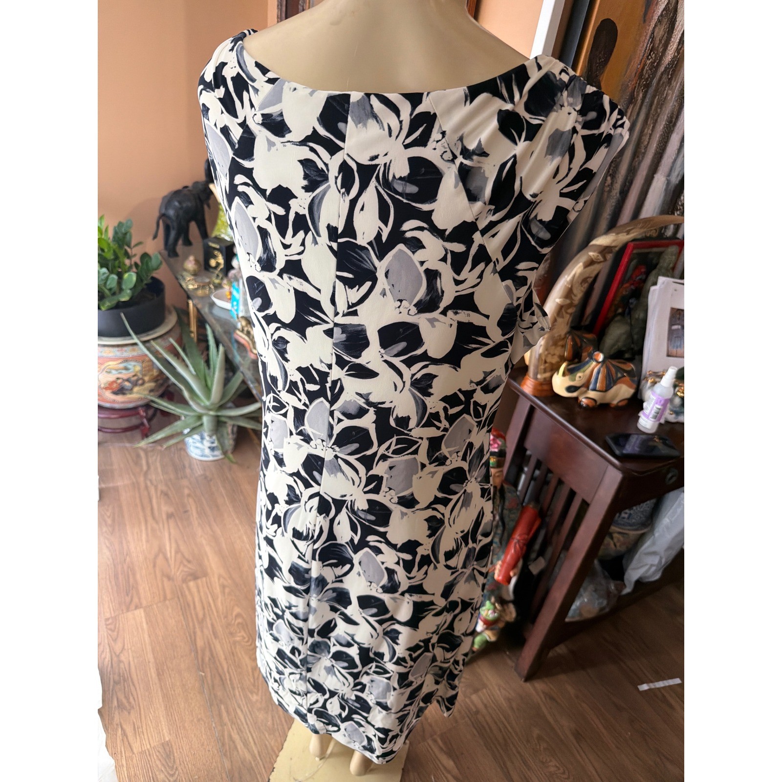Lauren Ralph Lauren Navy Cream Floral Ruched Sheath Dress Size 16 Sleeveless
