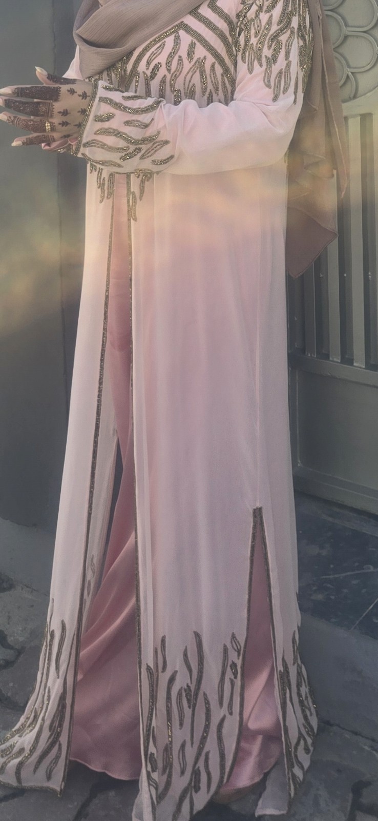Luxury Open Abaya Jacket & Silk Slip Set Beaded Eid Wedding party Maxi Dress