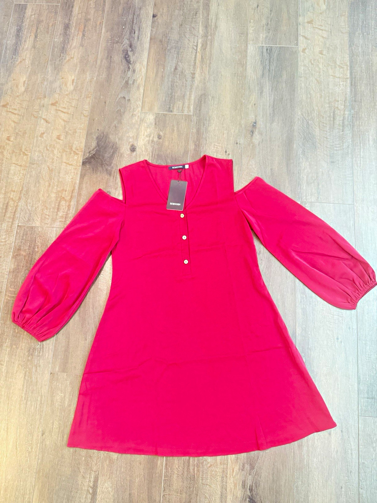 kojooin Women’s dark Red Solid A-Line Short Dress Cold Shoulder 3/4 Sleeve S