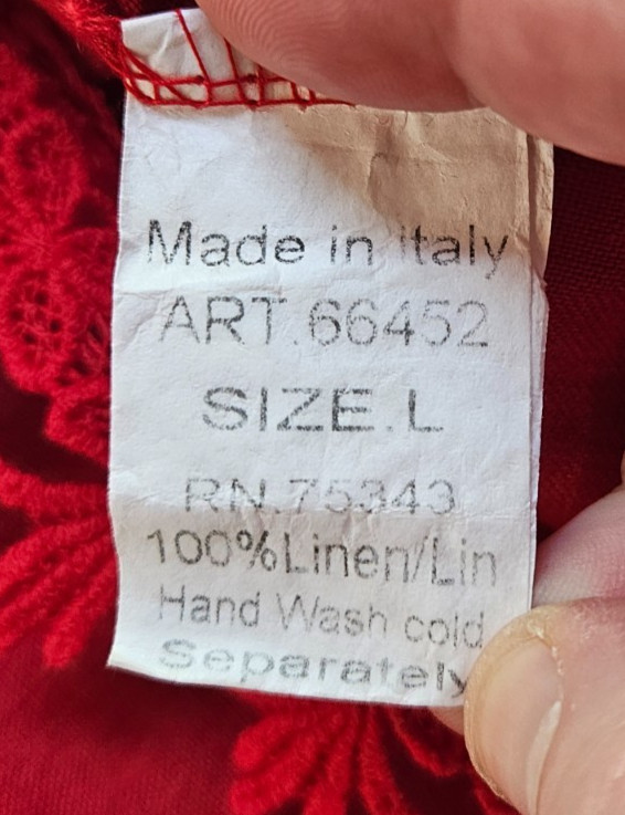 LUNGO L’ARNO Red Linen Dress Lrg Short Tie Sleeves Lace Trim Off Shoulder Italy