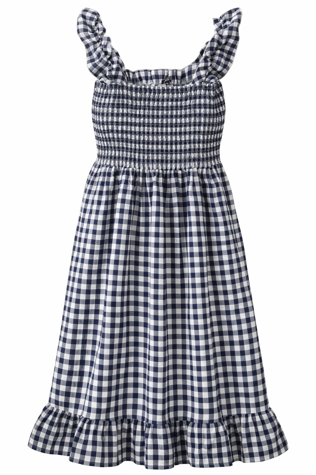 Chou Yatou Gingham Smocked Midi Navy White Ruffle Strap Sundress – Size XXL