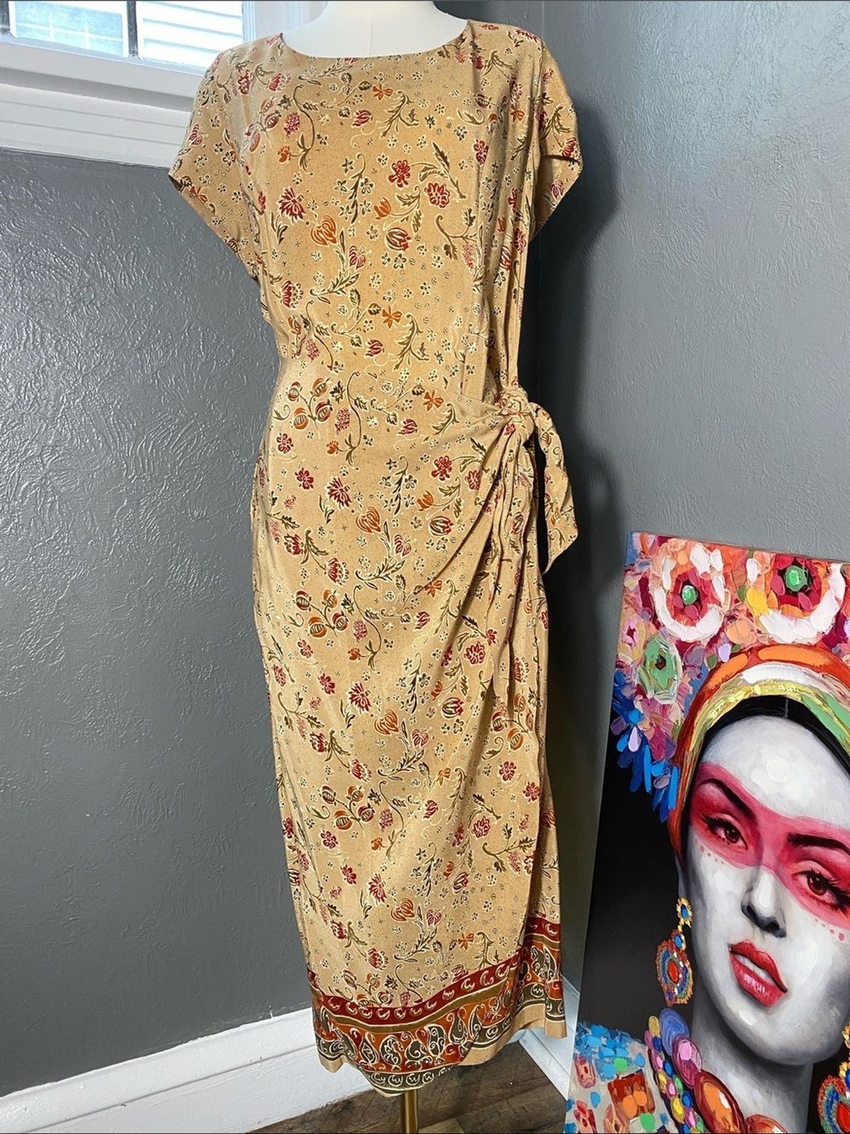 Jennifer Moore 100% Silk Wrap Maxi Dress Size 14 Beige Floral Boho Cottagecore