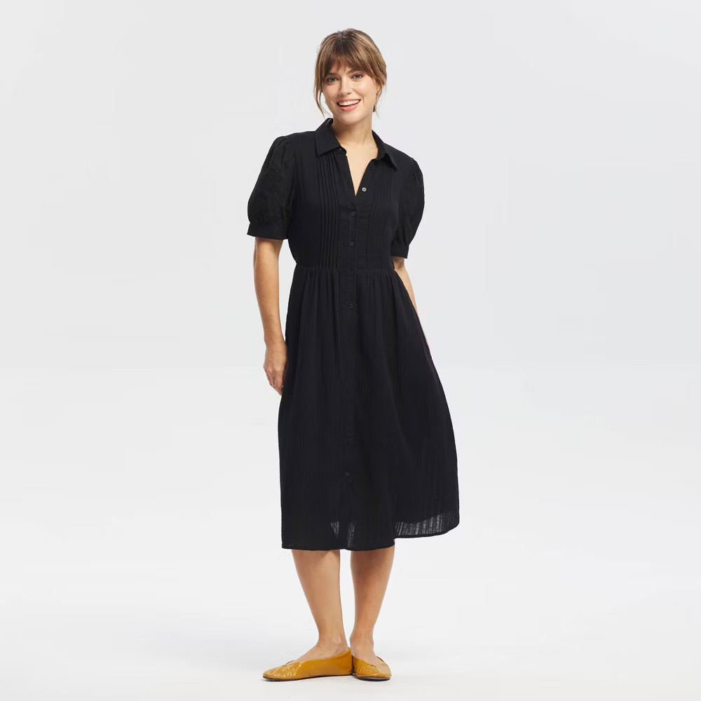 Women Puff Short Sleeve Eyelet Midi Shirtdress – Universal Thread