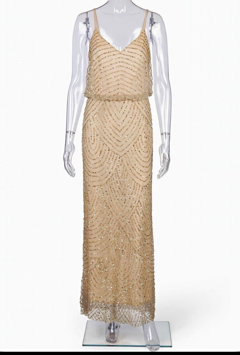 Adrianna Papell Collection Beaded Gown 10 Champagne Gold Art Deco Sequin Formal