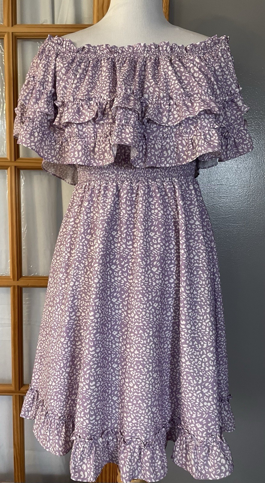 Off The Shoulder Ruffles Mini Dress Juniors Sz M Lavender Smocked Party Prairie