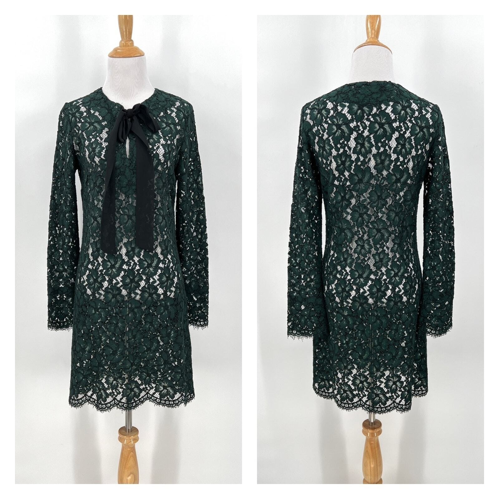 SANDRO Lace Dress Women Small Green Bow Tie Neck Long Sleeve Floral Sheer Mini