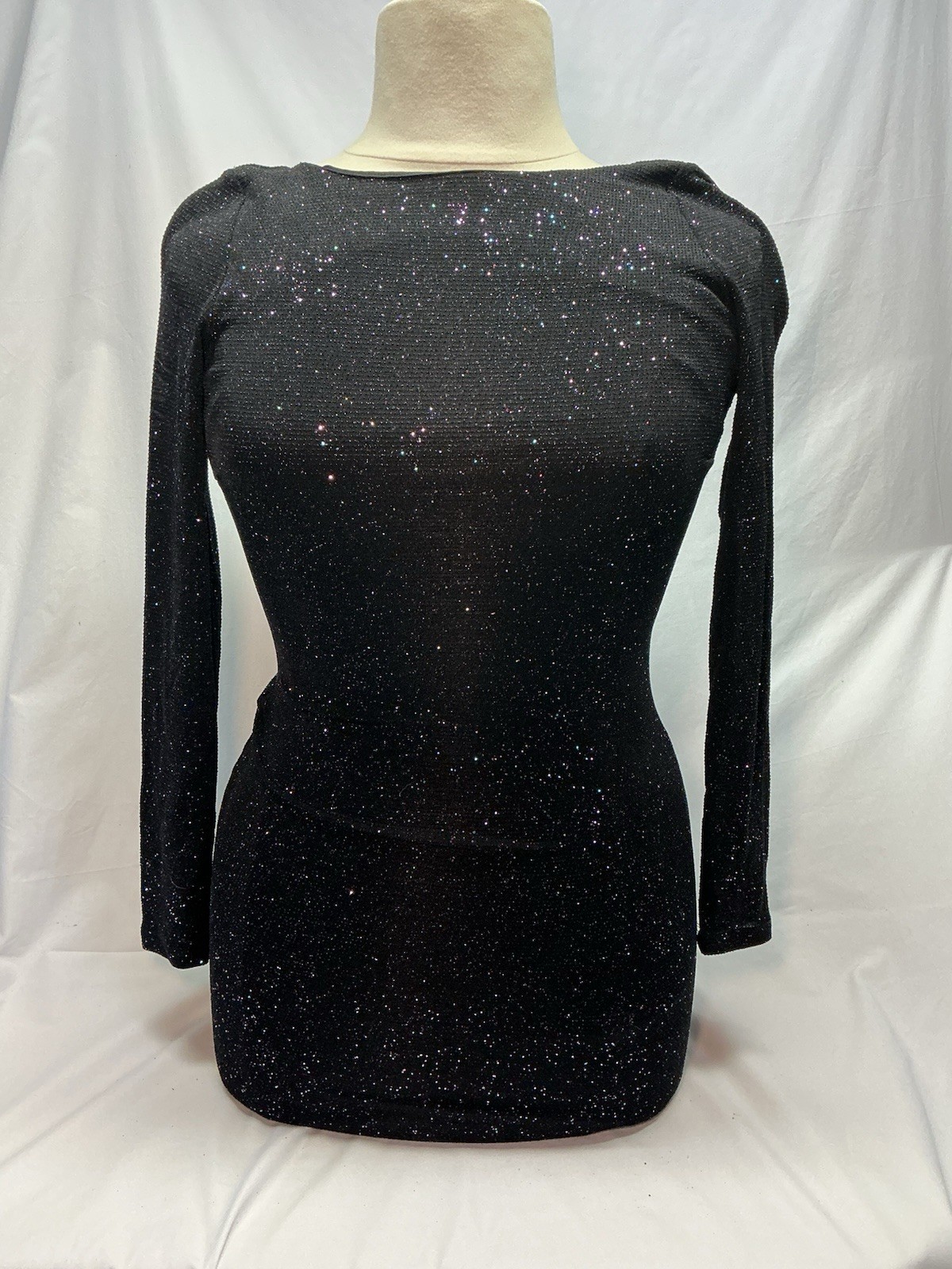 Black Glitter Mini Dress, Fitted Stretch, Size Medium