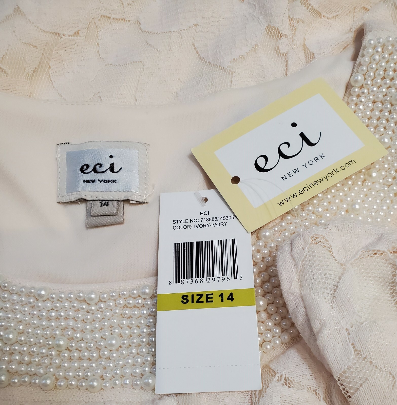 ECI New York NWT Ivory Lace Sheath Dress Beaded Neck Sleeveless Size 14 $148