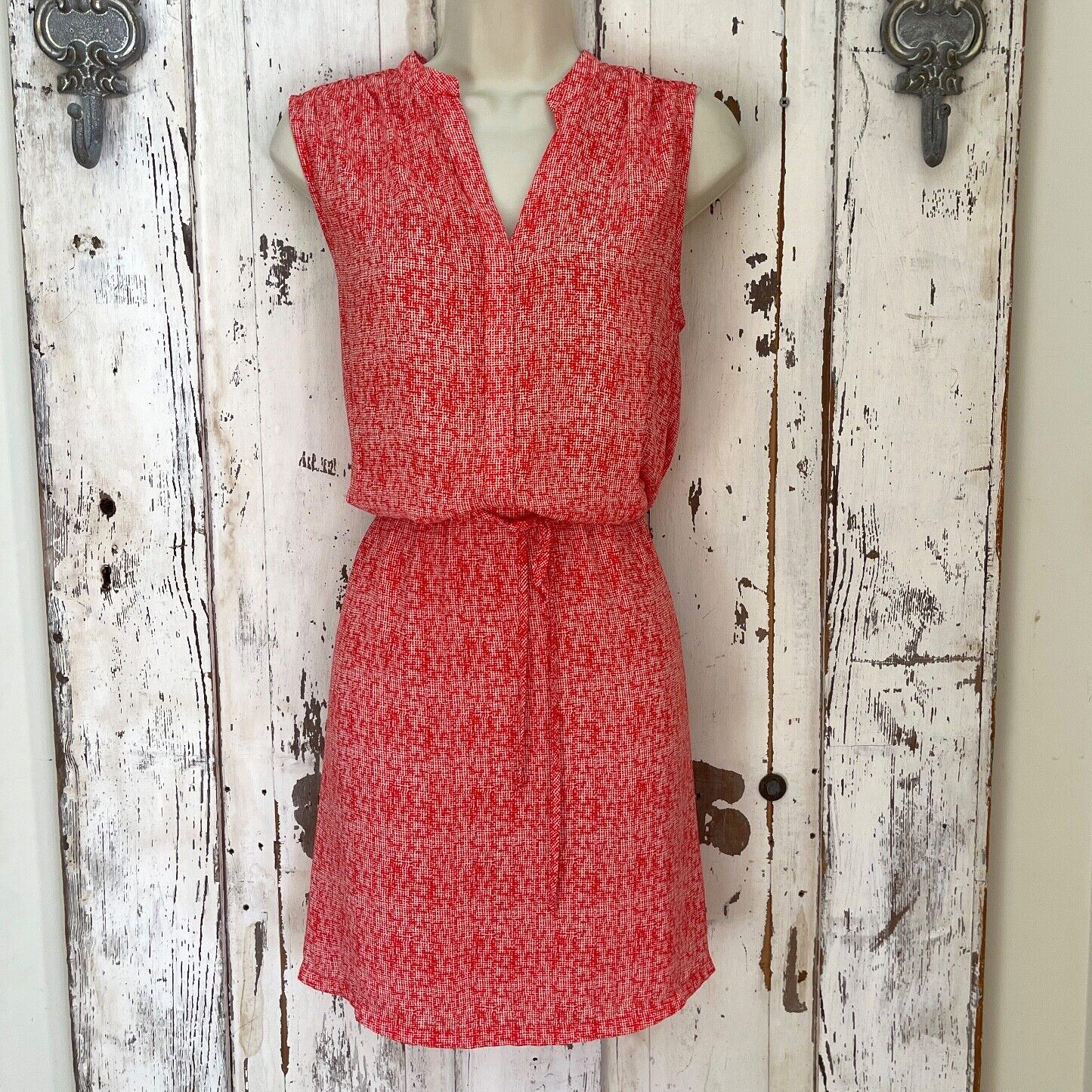 Hilary Radley Size 4 Woman’s Coral Pink White Blouson Drawstring Belted Dress