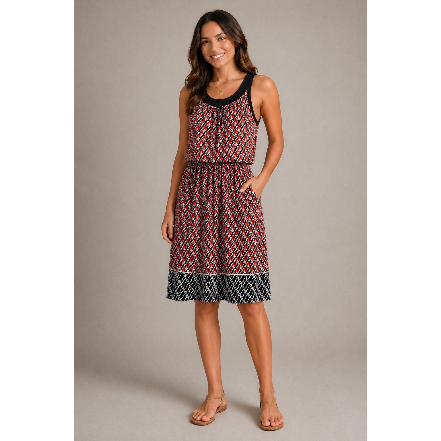 Enfocus Studio Red Black Geometric Sleeveless Dress 10 Stretchy