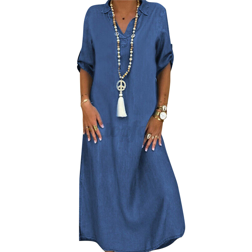 Plus Size Women Casual Summer Loose Denim Maxi Dress Jeans Sundress Kaftan Beach