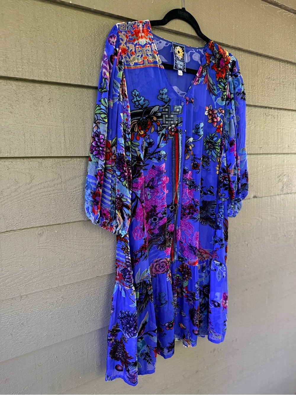 Johnny Was Silk Blend Blue Floral Boho Tunic Dress Medium