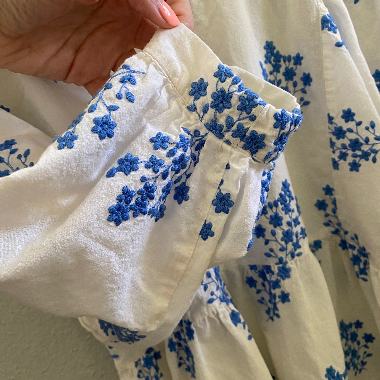Hallhuber Organic Cotton White Blue Floral Embroidered Puff Sleeve Mini Dress