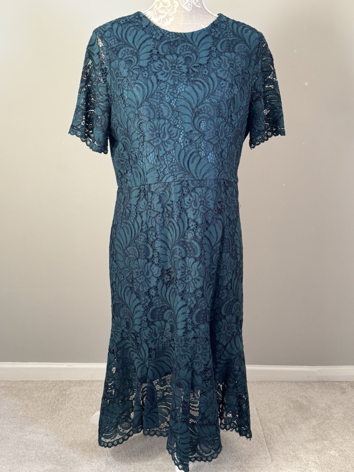 COAST FOREST GREEN LACE SHORT SLEEVE OCCASION DRESS SIZE 16, LINED, WEDDING VGC