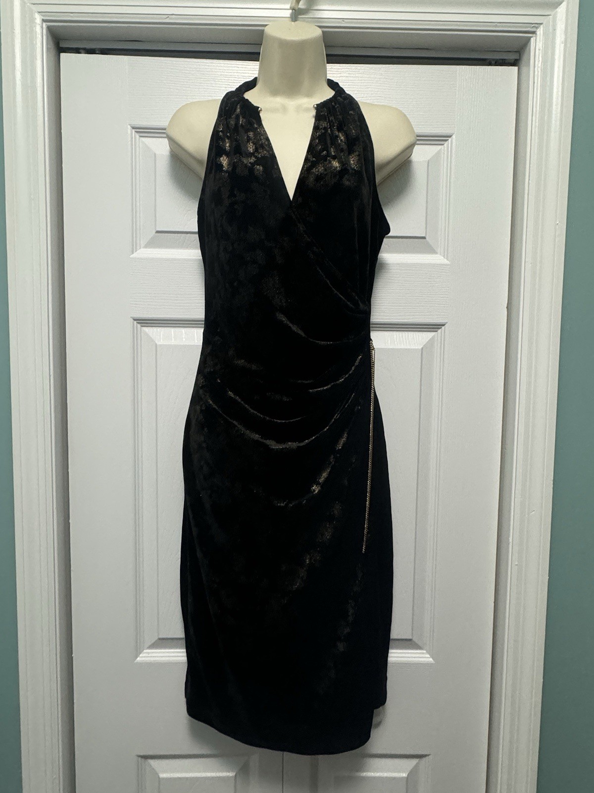 Elie Tahari Cocktail Black Velvet Choker Dress Formal Rouche Waist Size Small