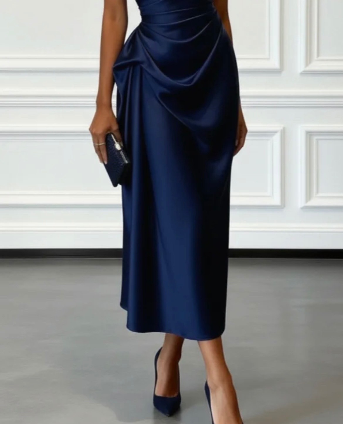 Fehaute – Navy Ruched Satin One Shoulder Sleeveless Sheath Midi Dress