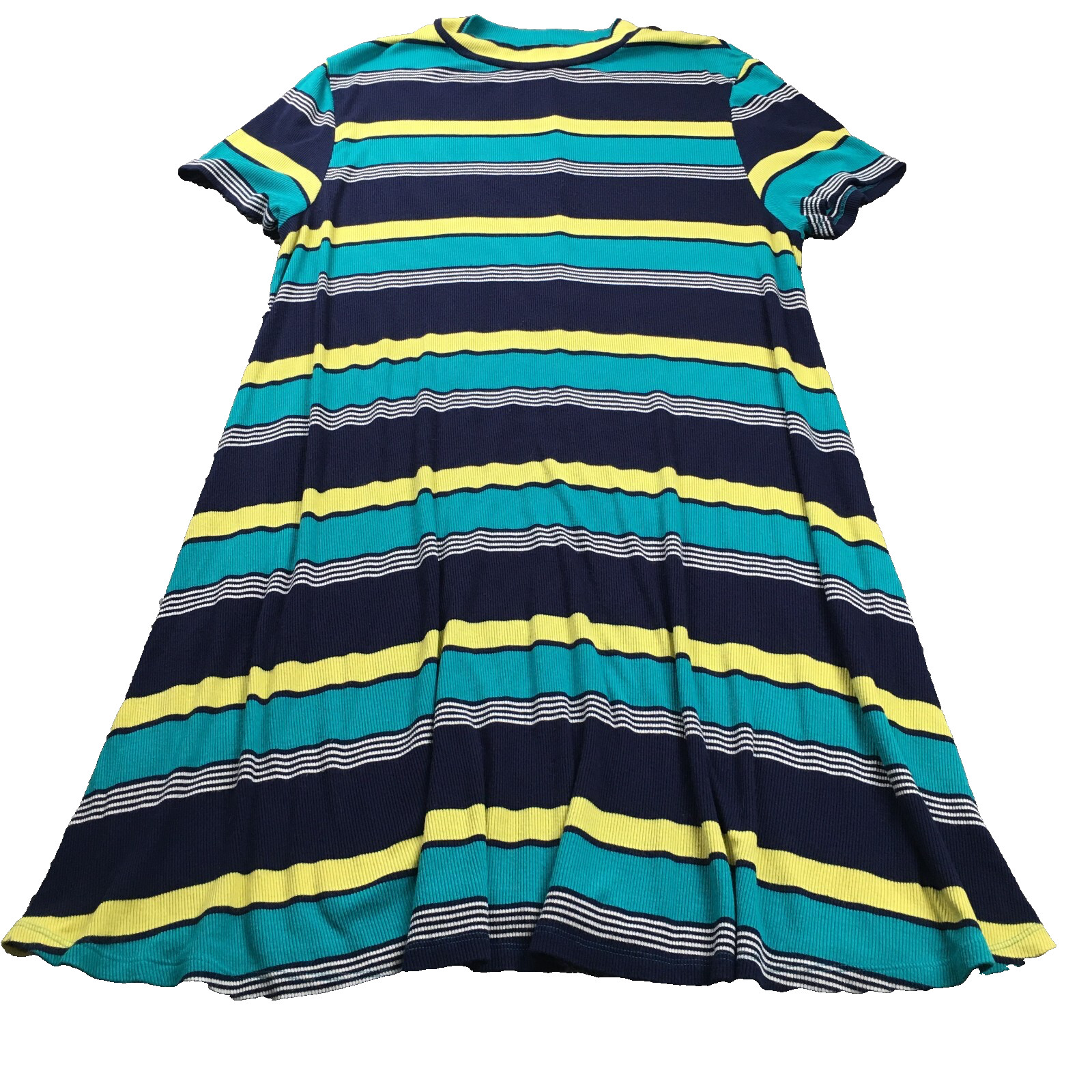 Falls Creek Womens Dress Sz 2X Blue Green Striped High Neck Short Sleeve Stretch