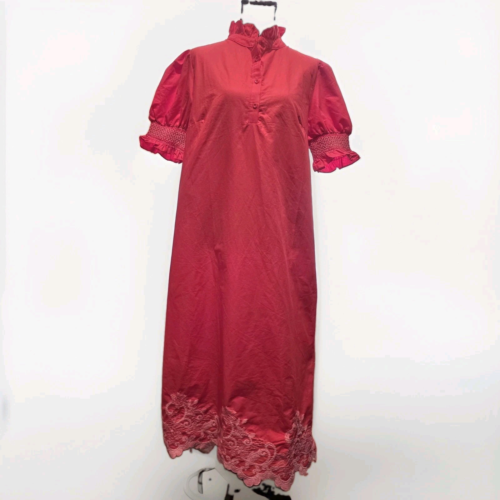AVARA Stella Dress Womens Large NWT Red Ruffle Collar Smocked Cuff Lace Hem $98
