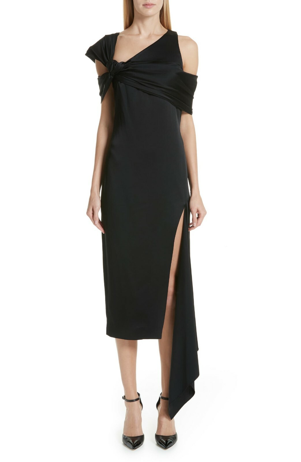 MONSE Black Duchess Italian Satin Cold Off Shoulder Asymmetric Midi Dress 6 = S