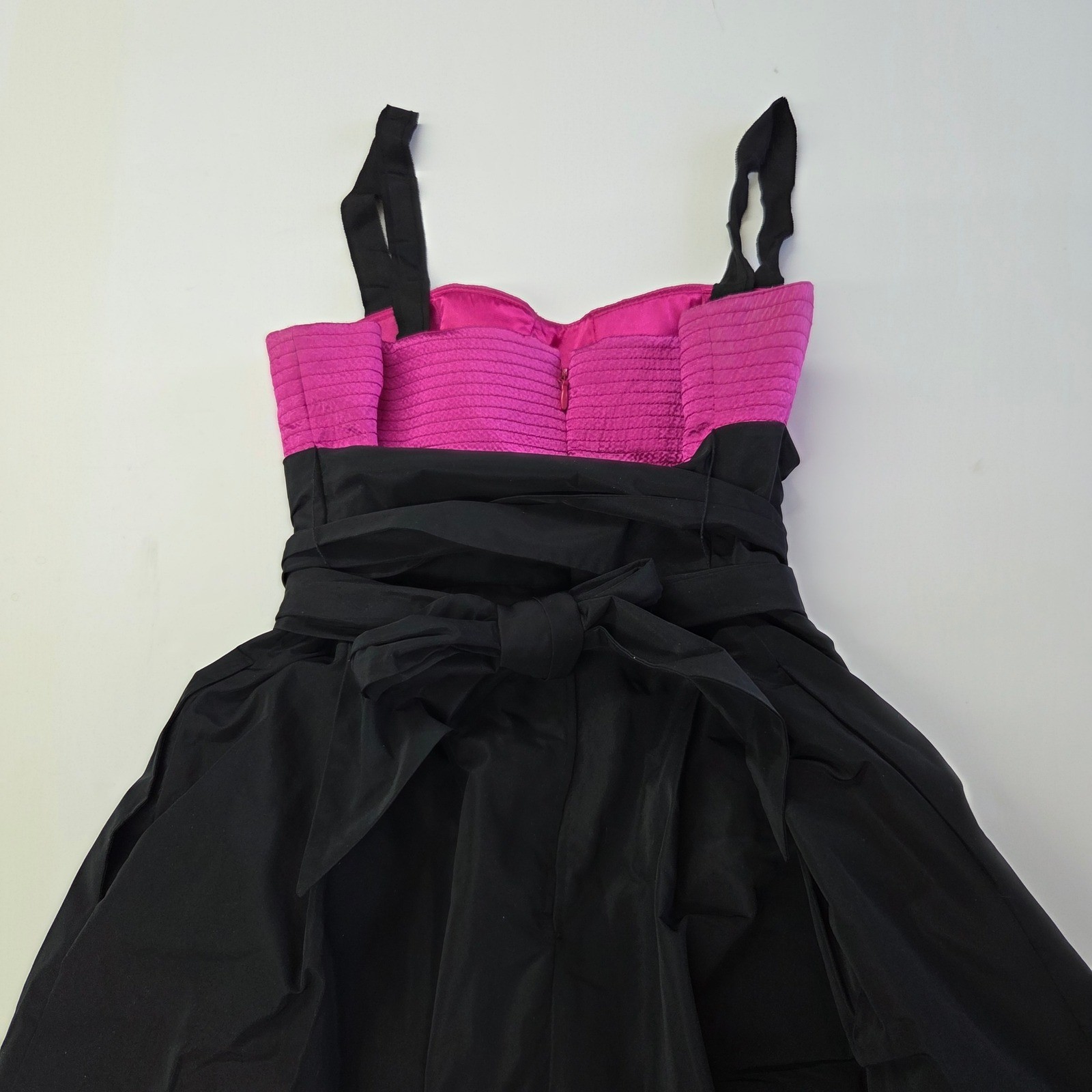 BCBGMAXAZRIA Cocktail Dress Women 8 Pink Black Bubble Hem Silk Trim Bow Pockets