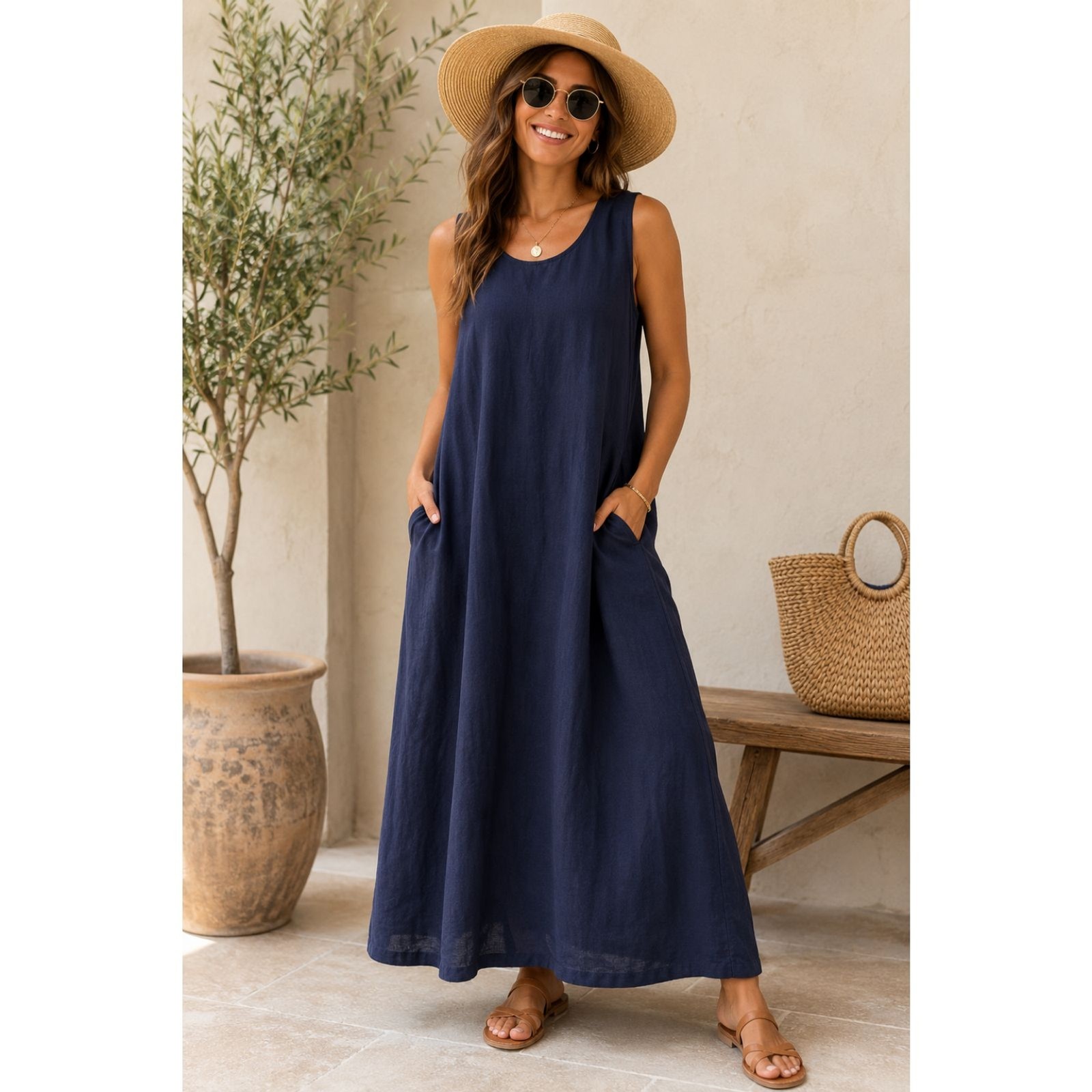NWT ChouYatou Navy Blue Linen Blend Sleeveless Midi Dress w/ Pockets XXL