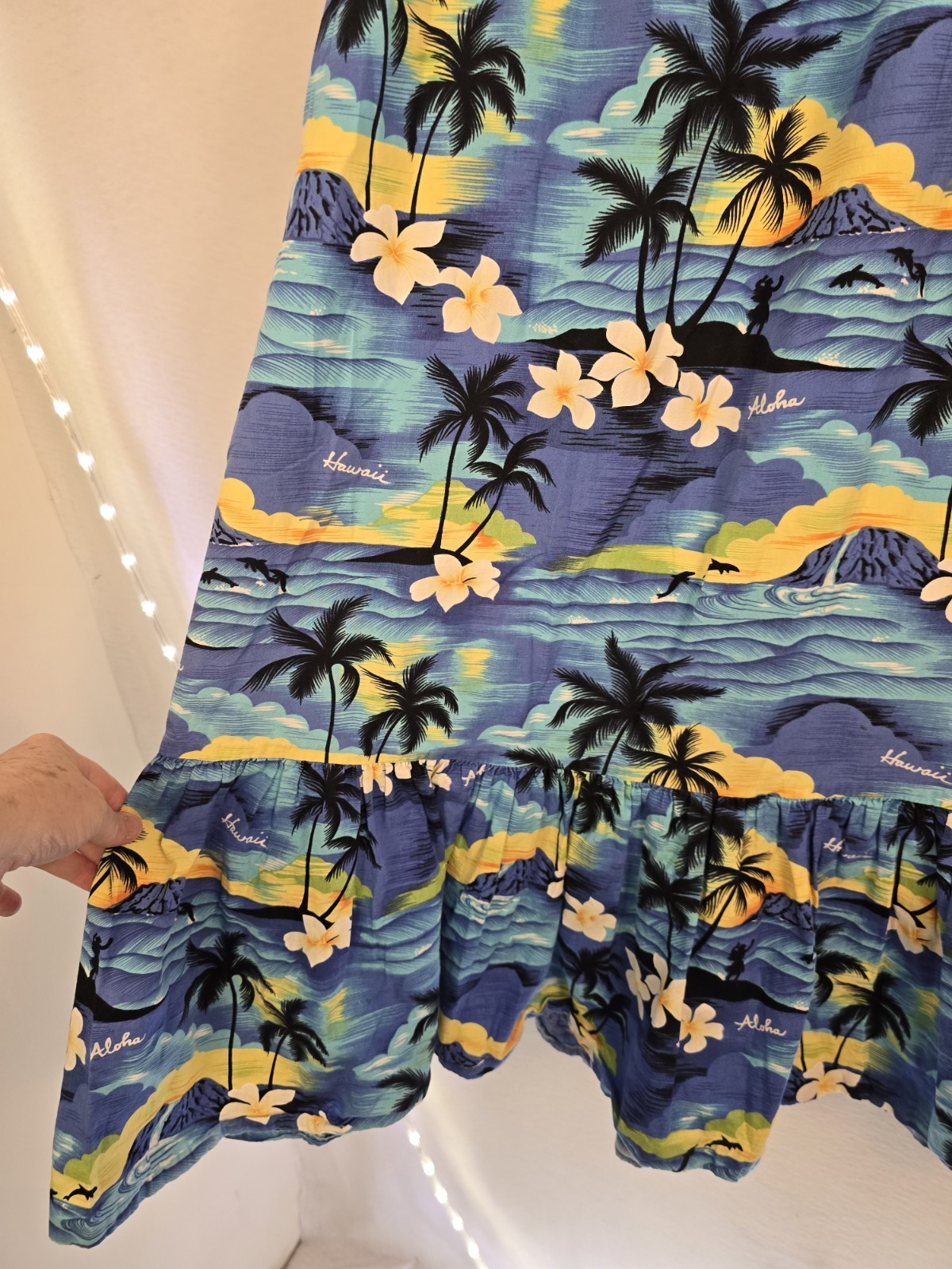 Winnie Fashion VTG Hawaiian Cotton Blue Tropical S Sleeve MUMU Dress. Ladies XL.