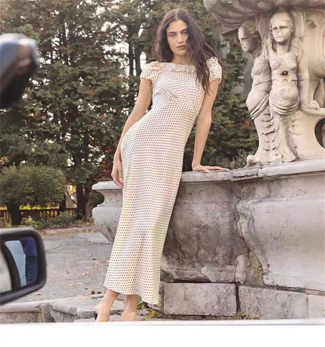 Women Doen 26 Spring Gentle One Word Neck Polka Dot Long Dress
