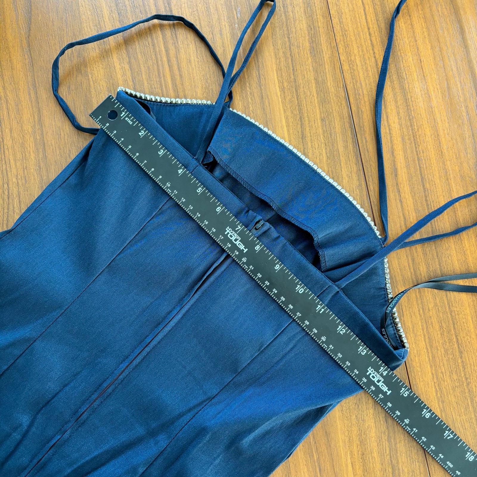 90s Vintage City Triangles Shimmer Satin Blue Dress Rhinestone Neckline Size 5
