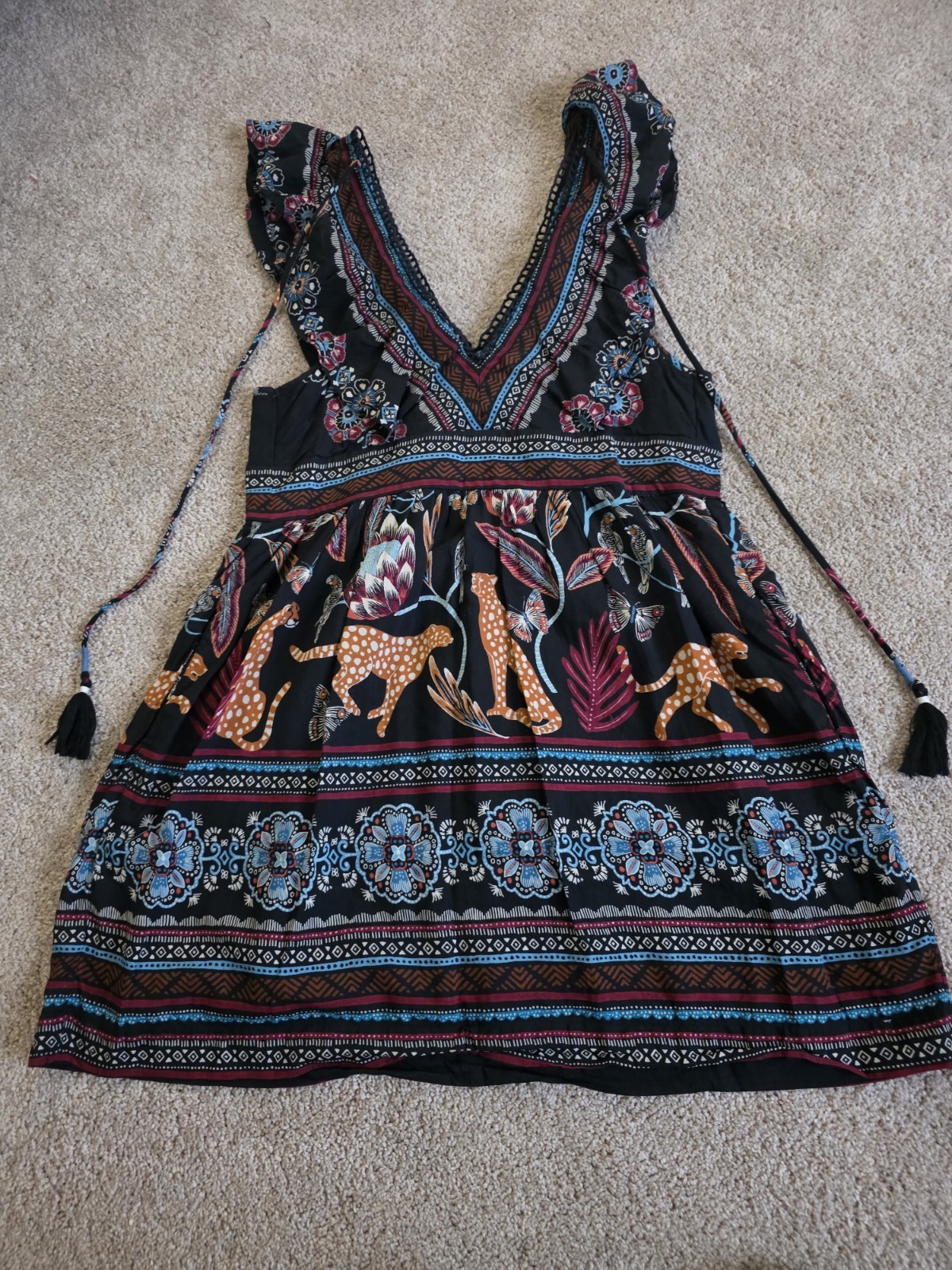 Anthropologie Black Multicolor Leopard Animal Print Mini Dress V-Neck S Tassel