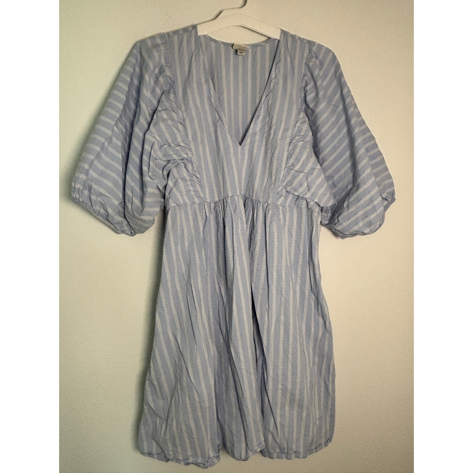 A New Day Striped Puff Sleeve Babydoll Mini Dress Blue White XL V-Neck Ruffle