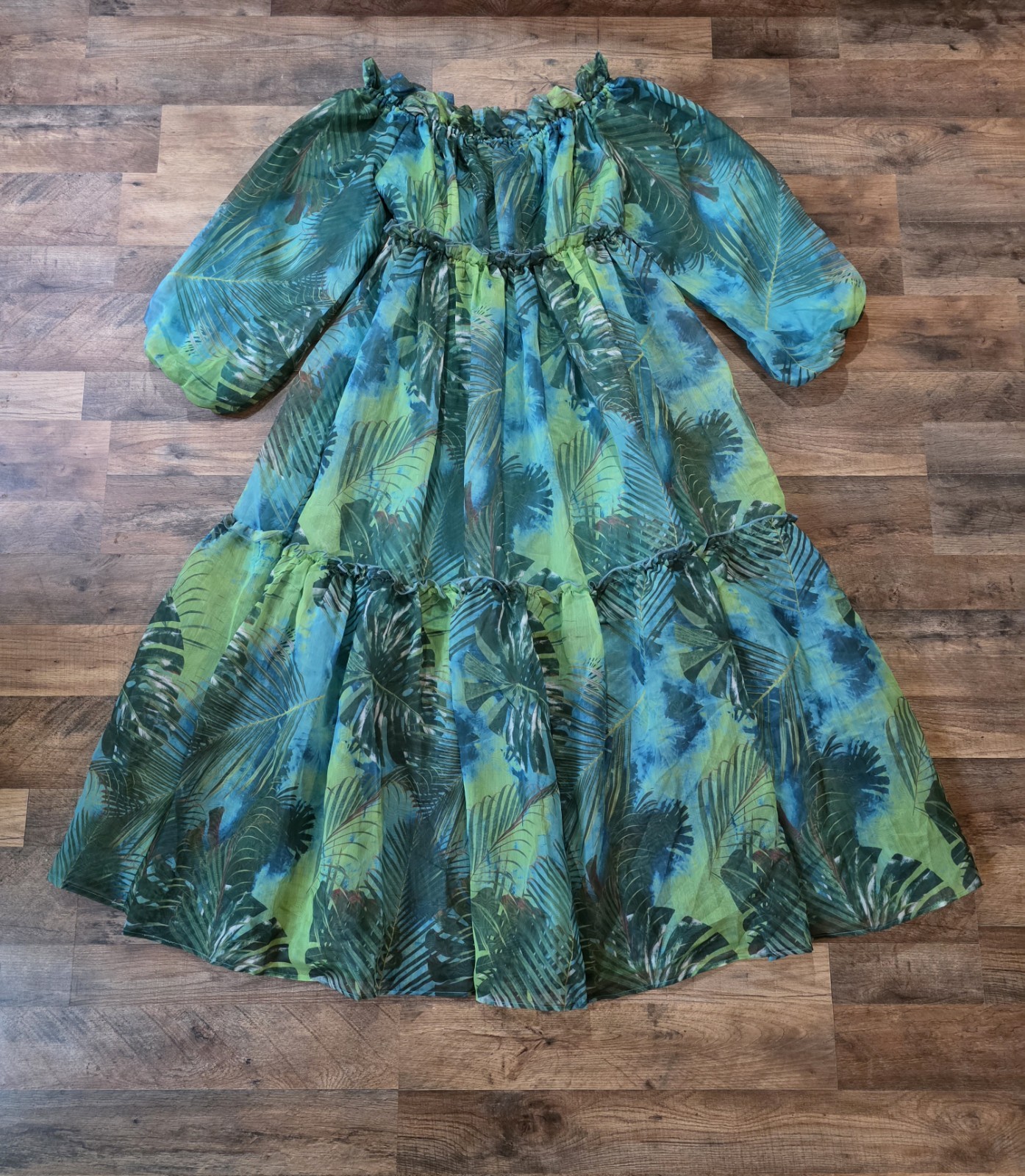 Love Highlight Women’s Green Leaf Print Breezy Off The Shoulder Maxi Dress M