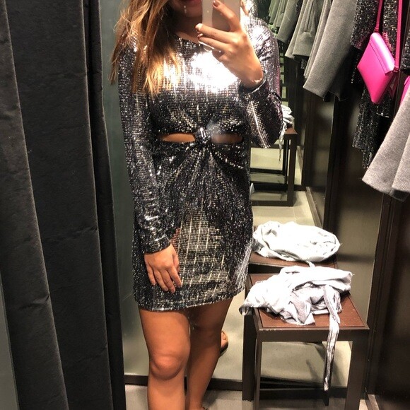 Zara Silver Sequin Mini Knot Dress Holiday Party Sparkle New Years Eve Cocktail