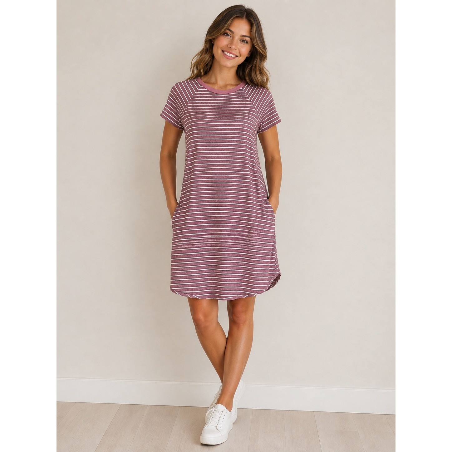 Umgee Womens Striped Short Sleeve Raglan T-Shirt Dress Pink White S