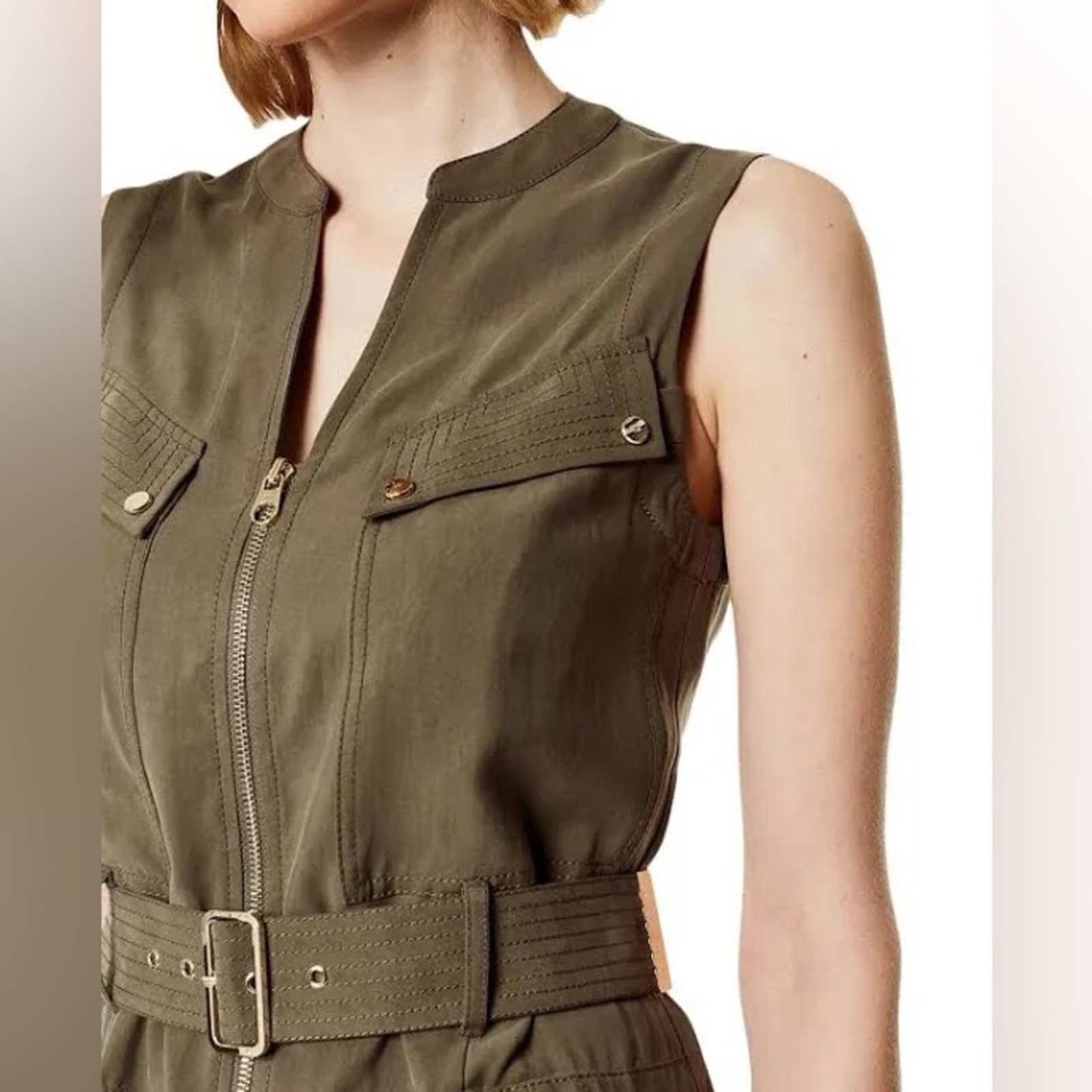 Karen Millen Belted Sleeveless Utility Dress in Khaki Green – Size 8