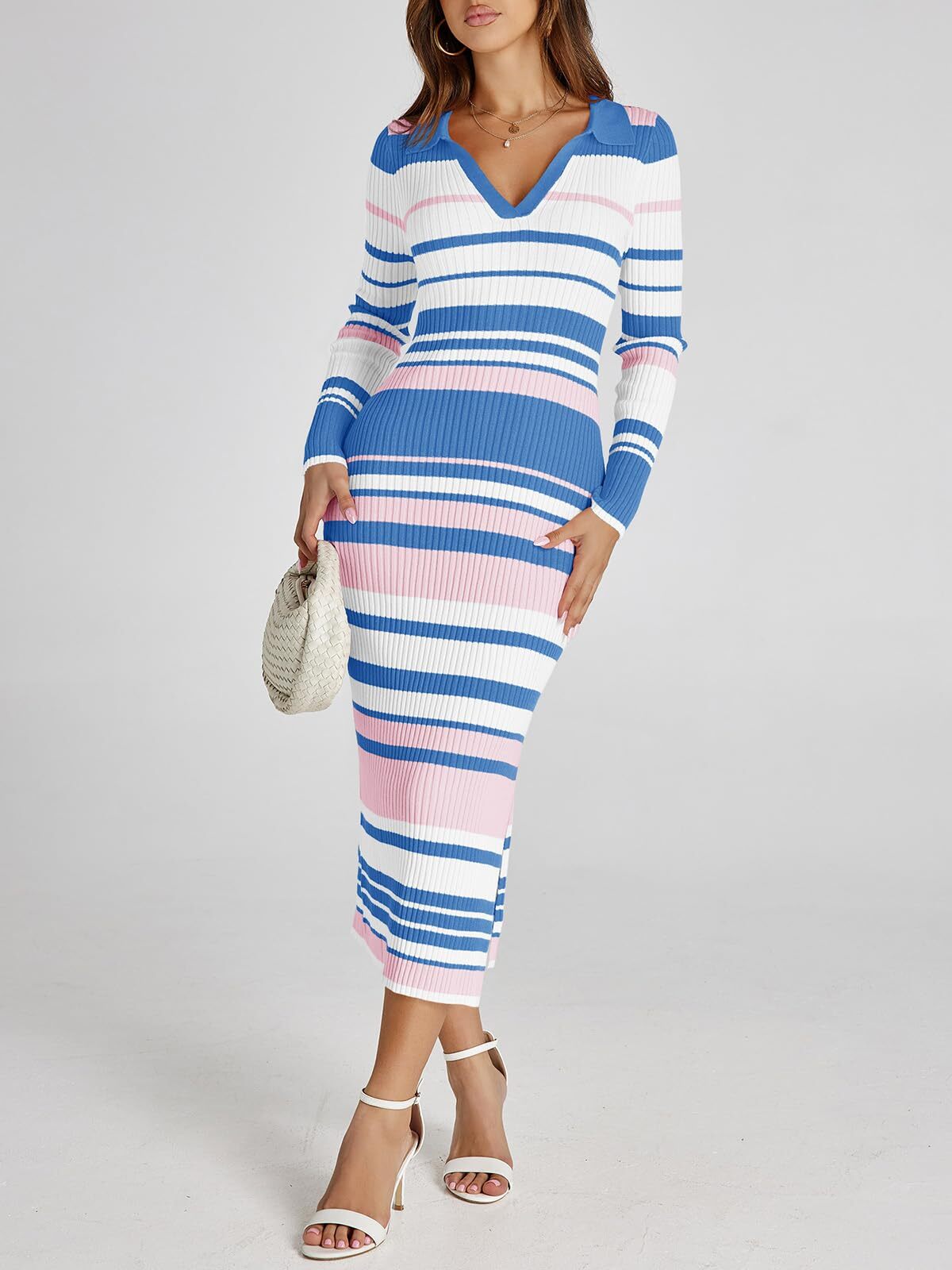Womens Striped Sweater Dress V Neck Slim Fit Fall Knit Sexy Midi Dress Pink L