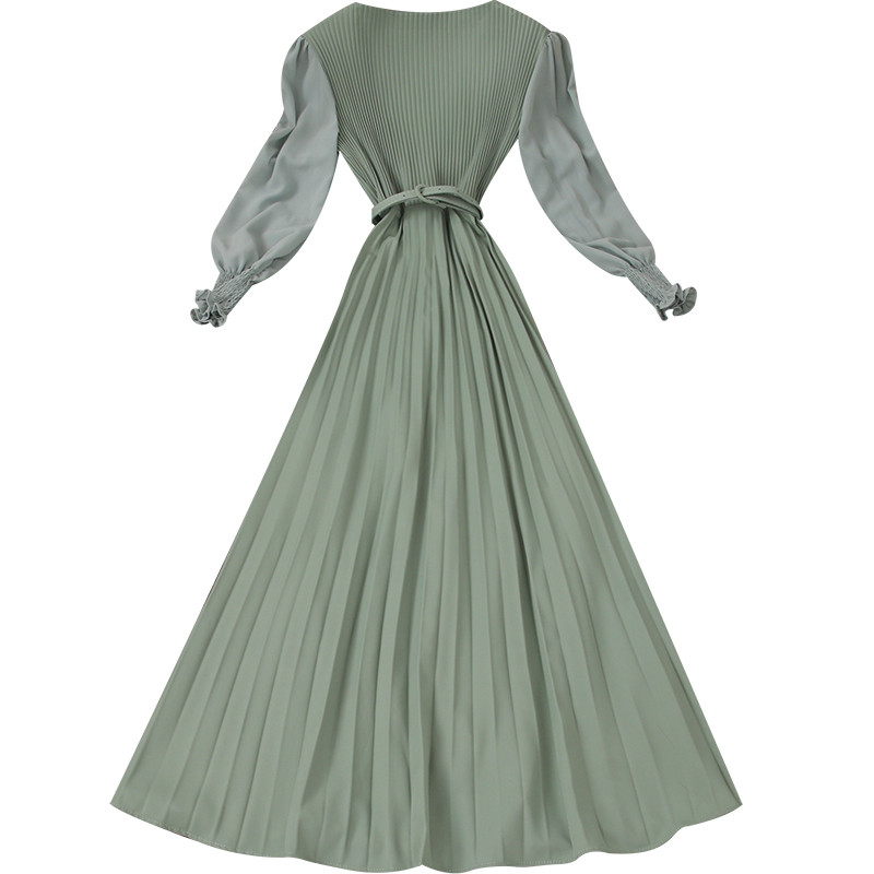 Women Pleated Long Dress Elegant Long Puff Sleeve High Waist Evening Party Dress