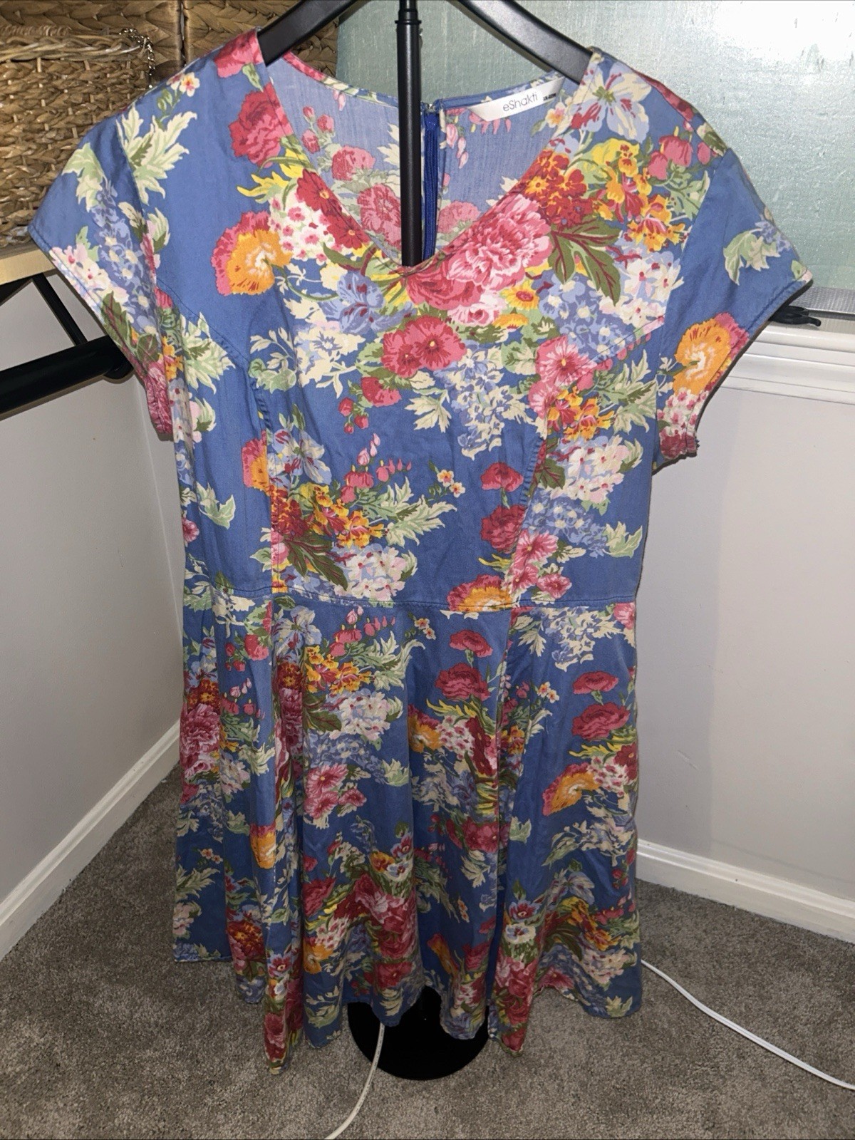 eShakti Dress Plus Size 2X Pockets Blue Floral Fit & Flare Cottagecore Garden