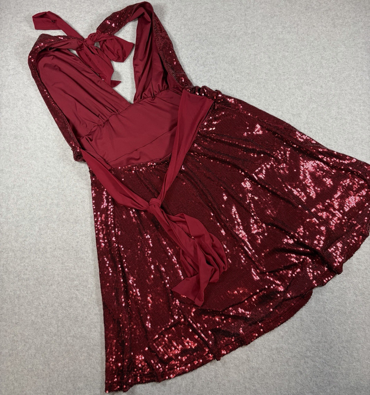 Burgundy Sequin Halter Dress with tie Back Detail Party Cocktail Dress Size L