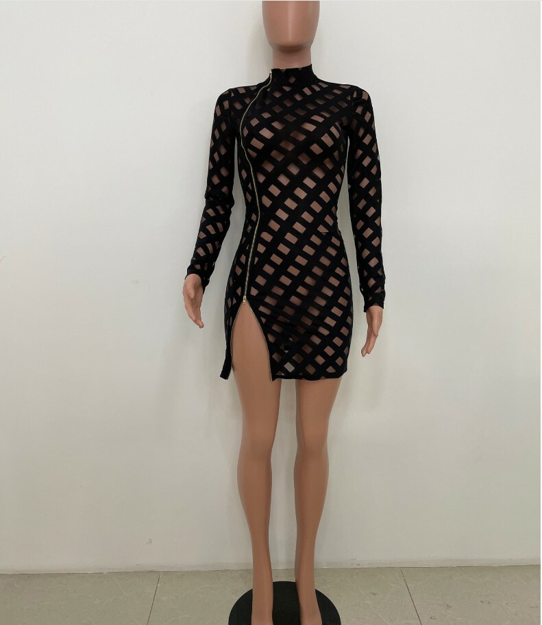 Women Long Sleeve Cross Mesh High Slit Zipper Bandage Sexy Mini Club Dresses #T