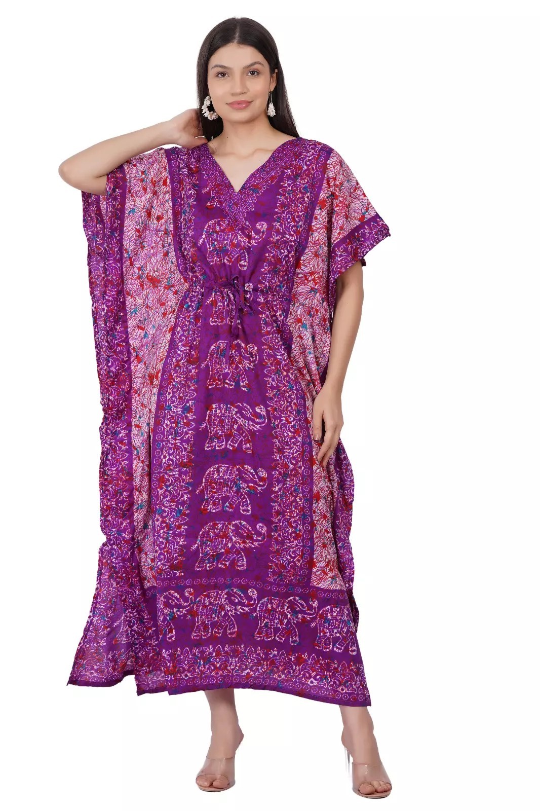 Elephant Print Women Maxi Kaftan Tunic Polyester Kimono Sleeve One Size