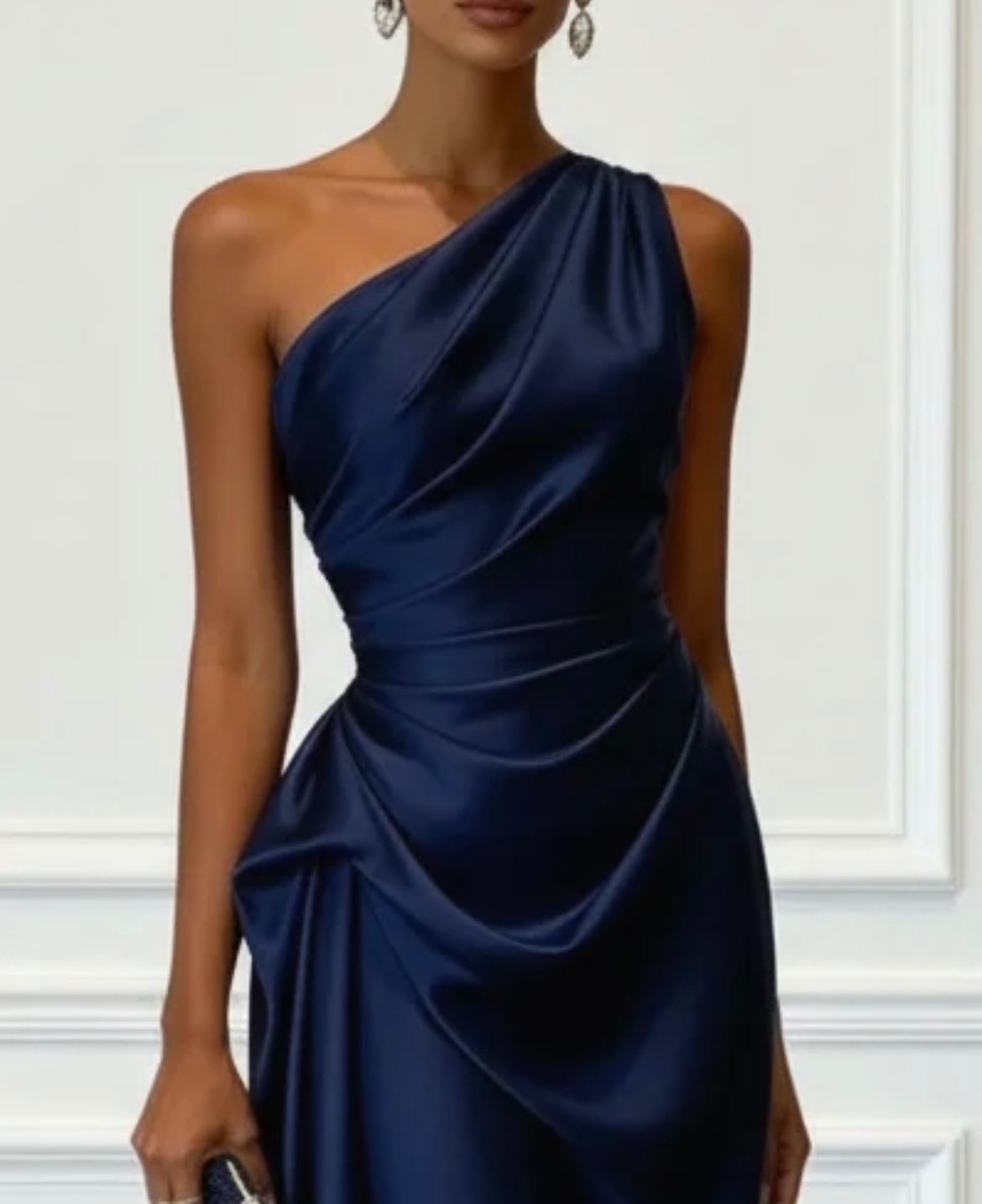 Fehaute – Navy Ruched Satin One Shoulder Sleeveless Sheath Midi Dress
