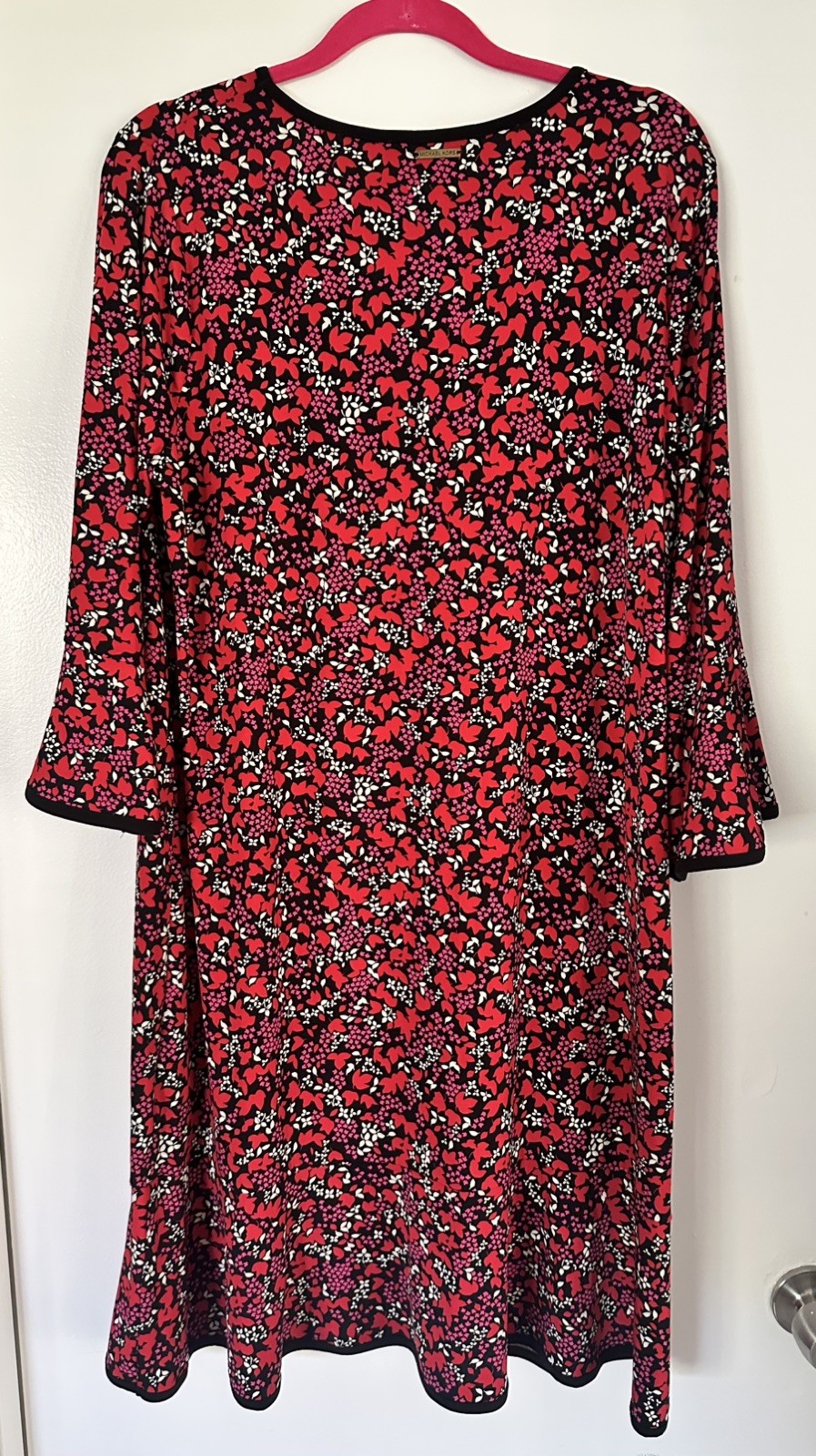 NWT Michael Kors Women’s 1X Floral Fit & Flare Dress Red Black Pink Bell Sleeve