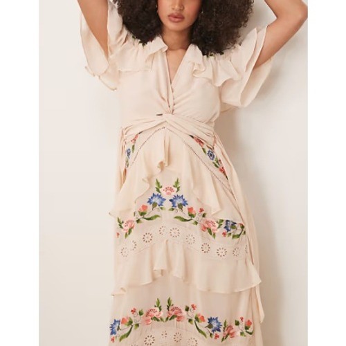 Hope & Ivy Women’s Cream Embroidered V-Neck Tiered Skirt Midi Dress Size 10 NWT