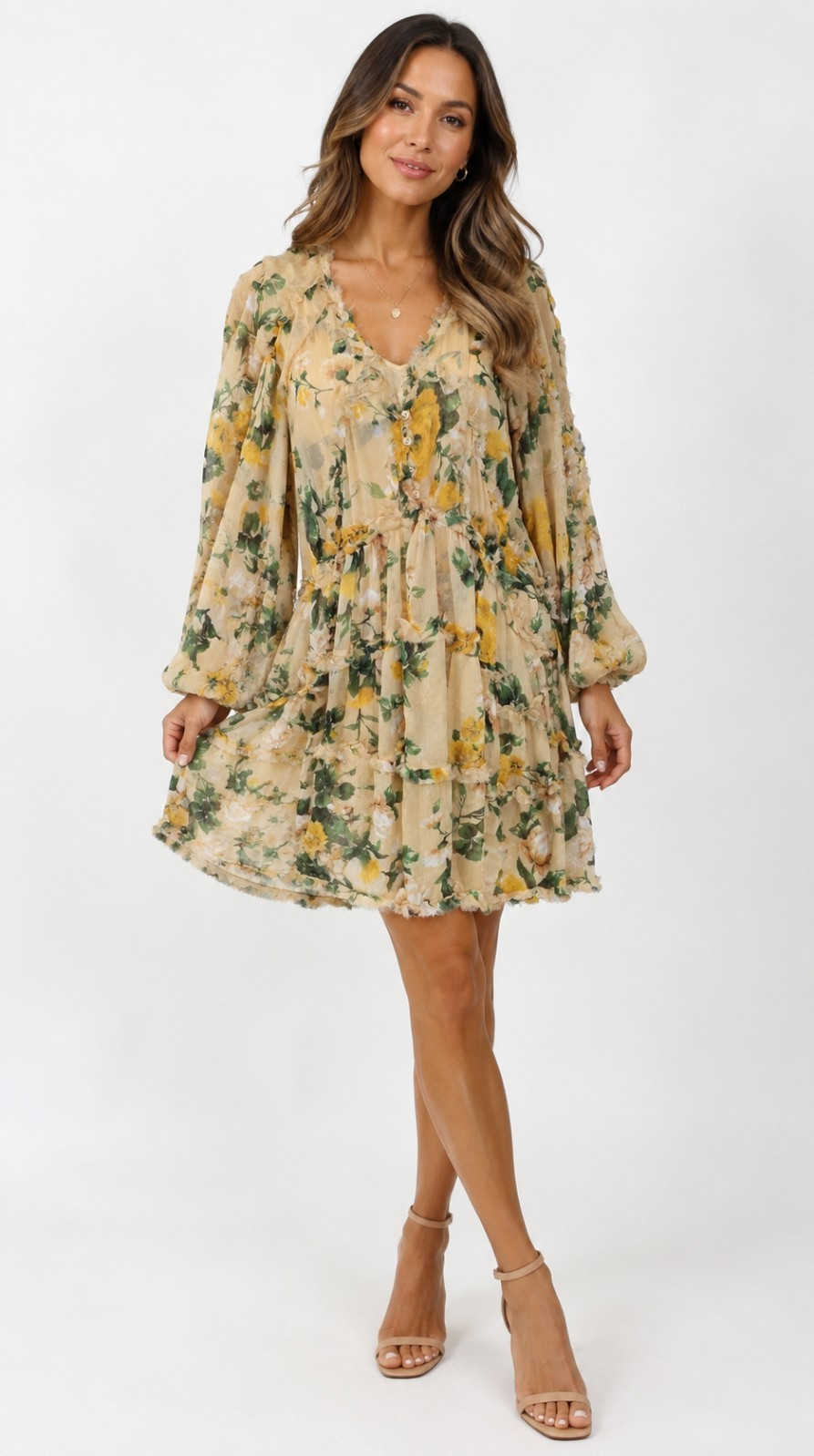 O.P.T. Women’s Floral Ruffle Mini Dress Size Large Long Sleeve Boho Tiered NWT