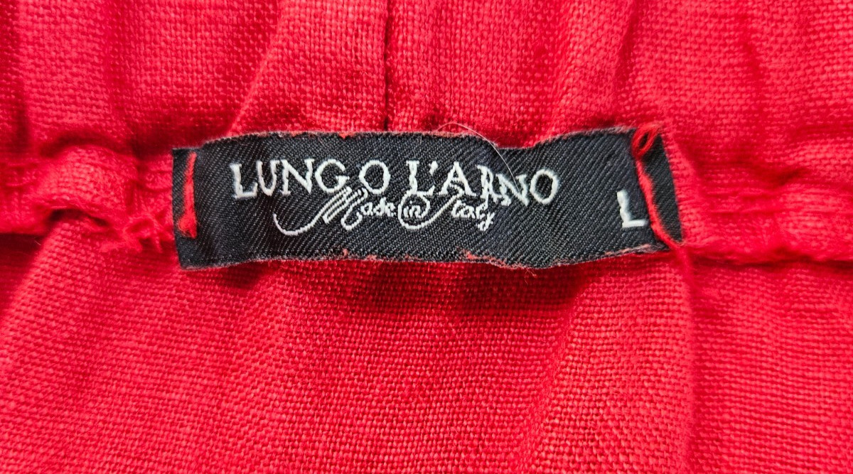 LUNGO L’ARNO Red Linen Dress Lrg Short Tie Sleeves Lace Trim Off Shoulder Italy