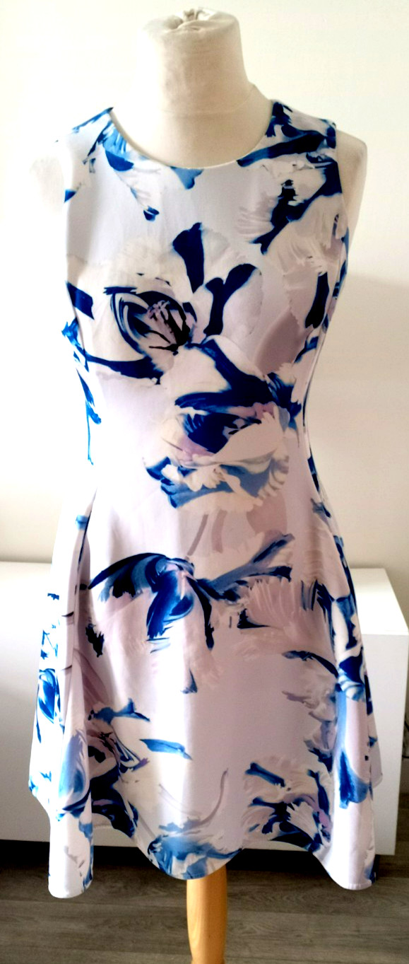 DKNY Skater Fit Flare Blue Pale Grey Print Dress Size 10 Ladies Womens