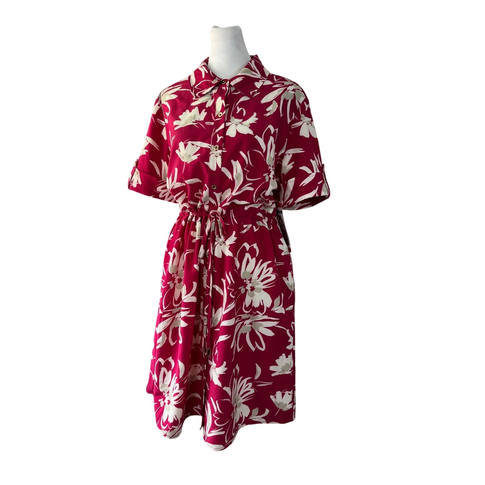 NWT Halston Dark Pink Floral Print Button Front Belted Knee Length Dress