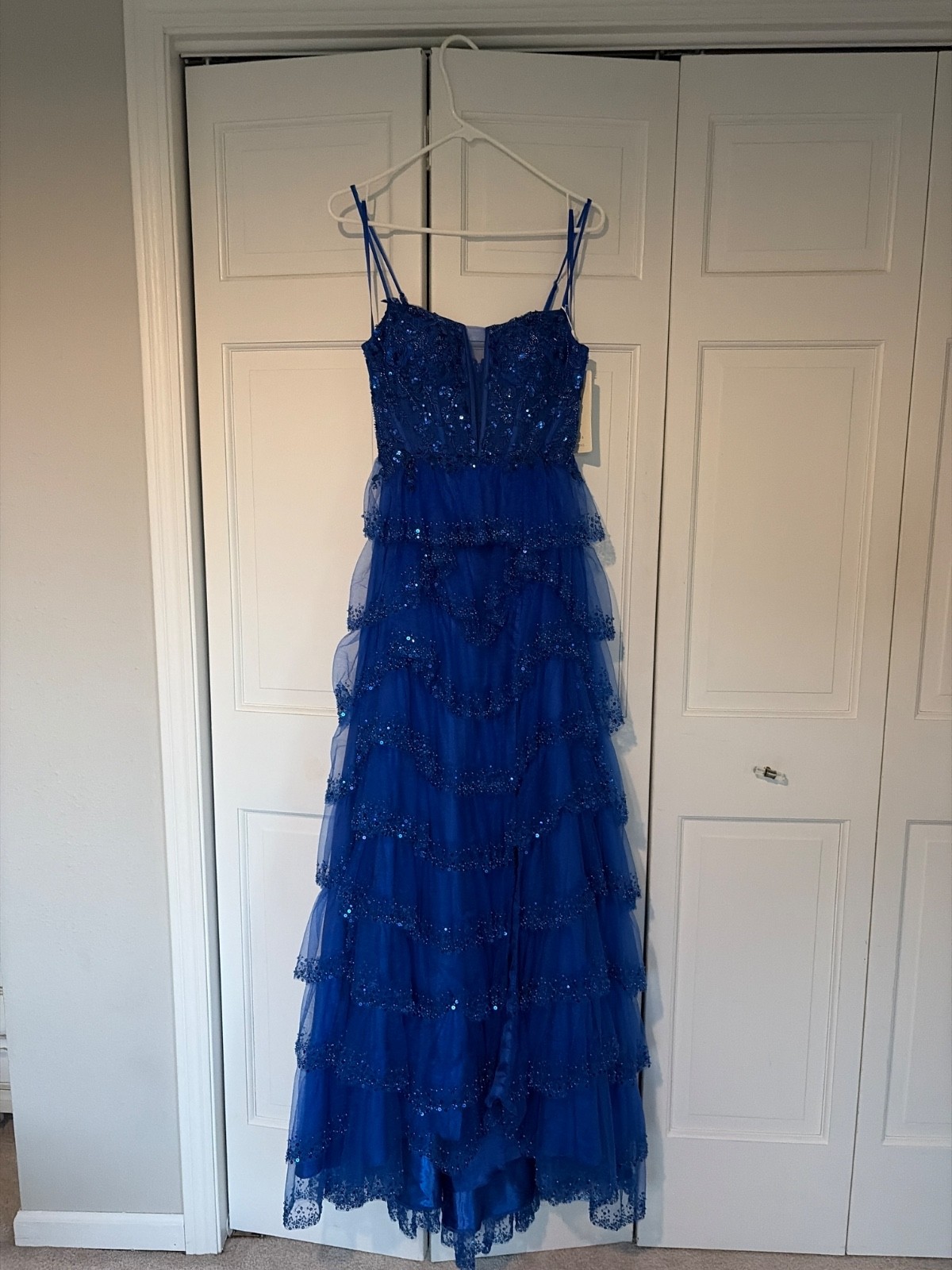 Stacees prom dress size 0, royal blue, mesh corset body, V plunge, tiered skirt